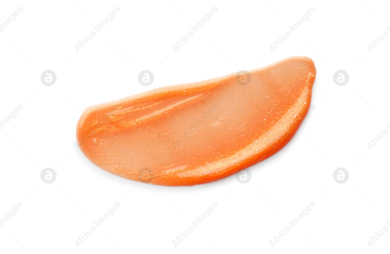 Photo of Orange lip gloss isolated on white, top view. Sample of cosmetic product