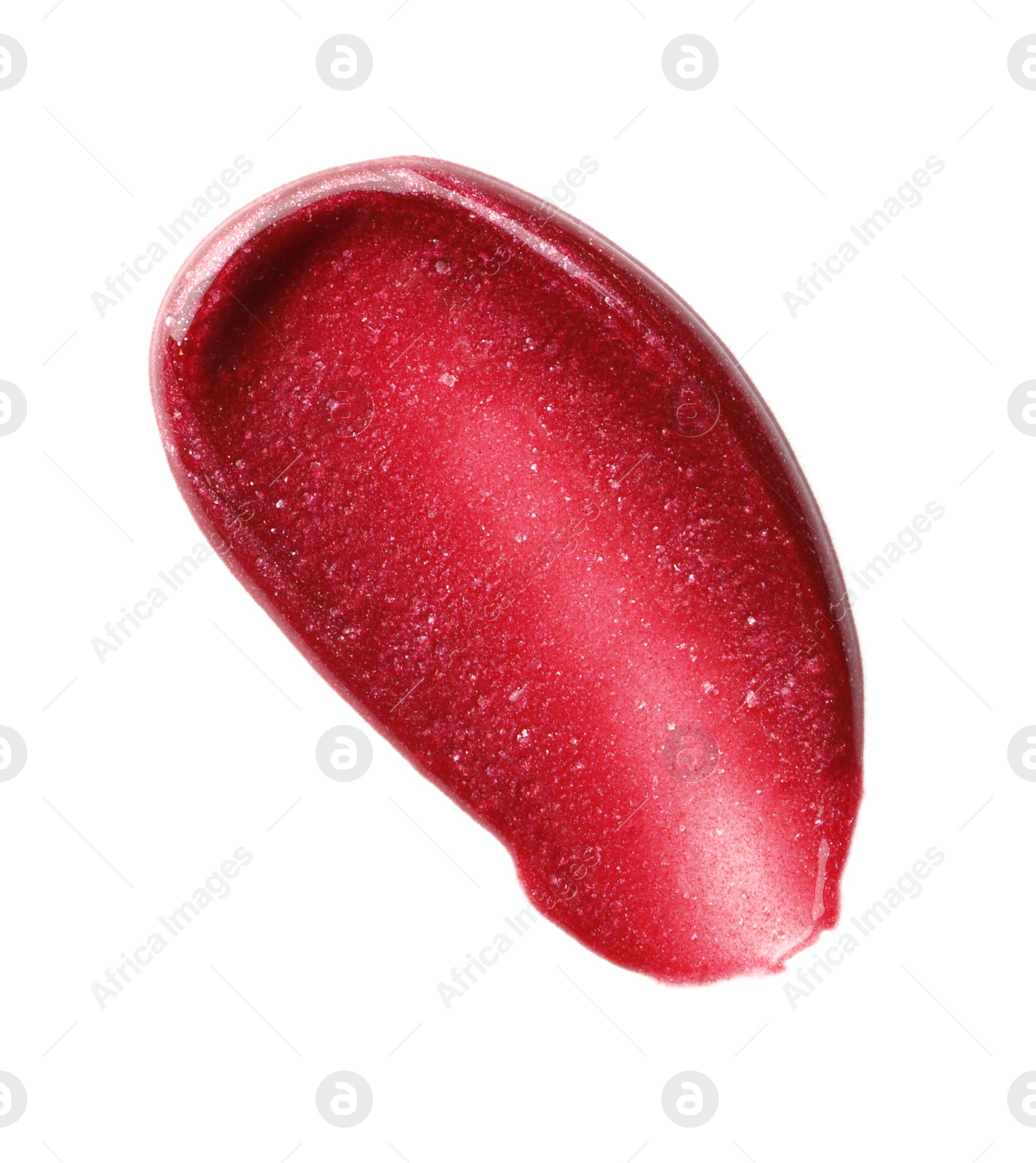 Photo of Bright lip gloss isolated on white, top view. Sample of cosmetic product