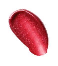 Photo of Bright lip gloss isolated on white, top view. Sample of cosmetic product