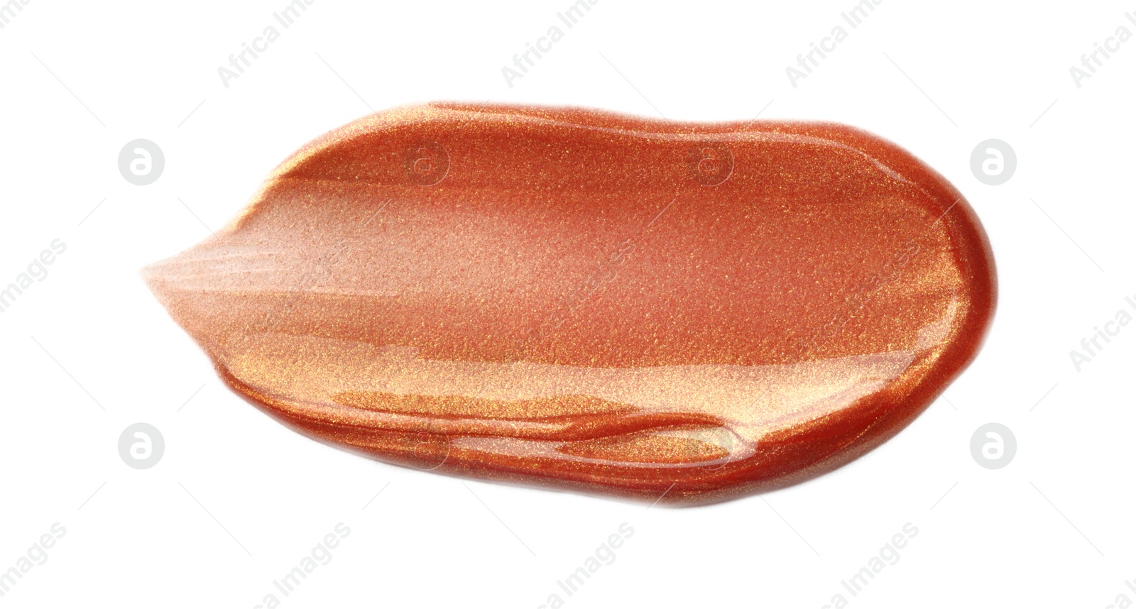 Photo of Bright lip gloss isolated on white, top view. Sample of cosmetic product