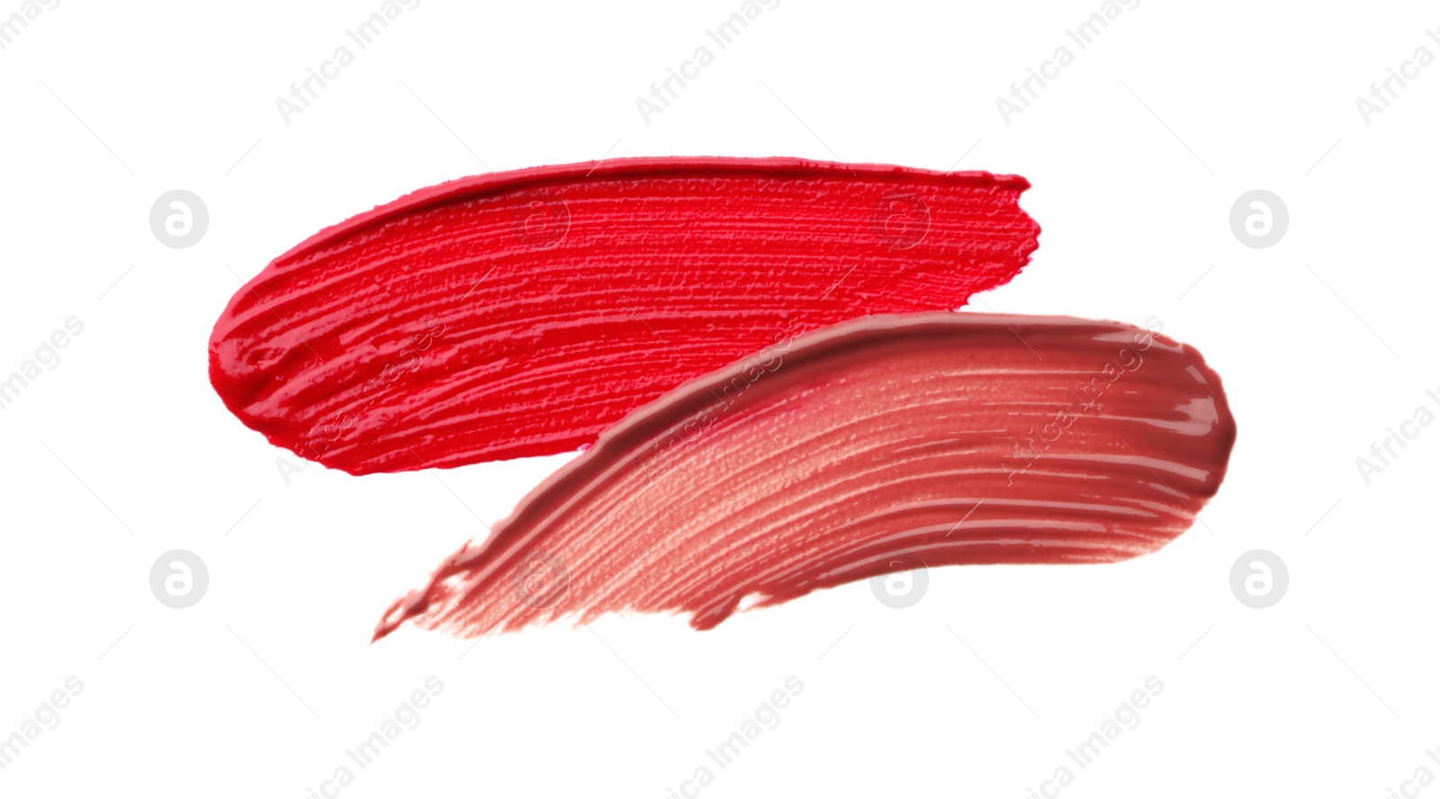 Photo of Lipsticks isolated on white, top view. Samples of cosmetic product