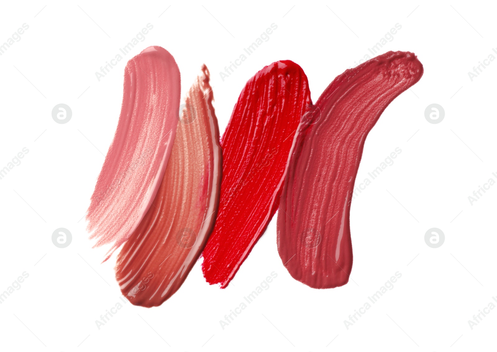 Photo of Different lipsticks isolated on white, top view. Samples of cosmetic product