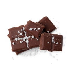 Photo of Pieces of chocolate with salt isolated on white, top view