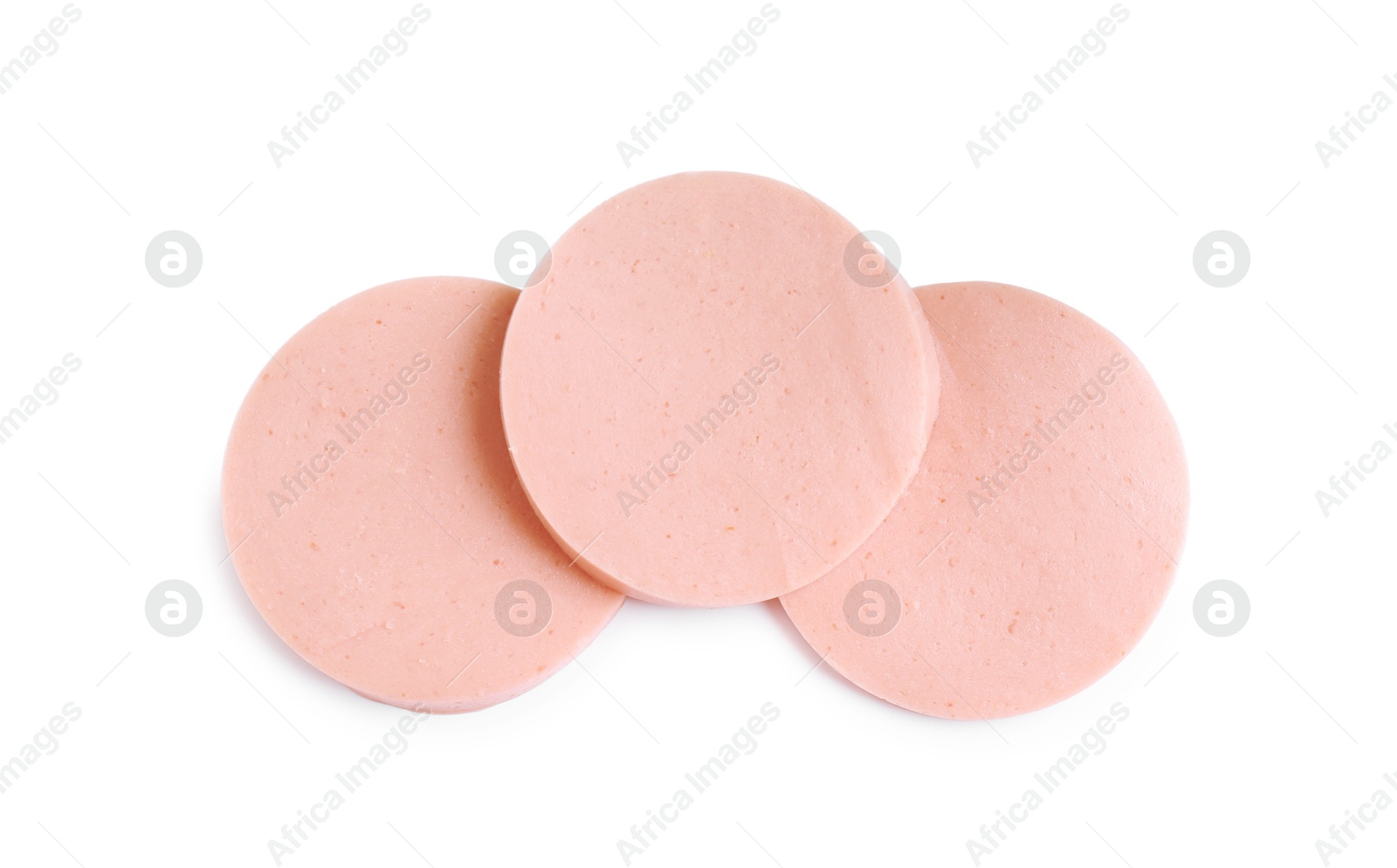 Photo of Slices of tasty boiled sausage isolated on white, top view