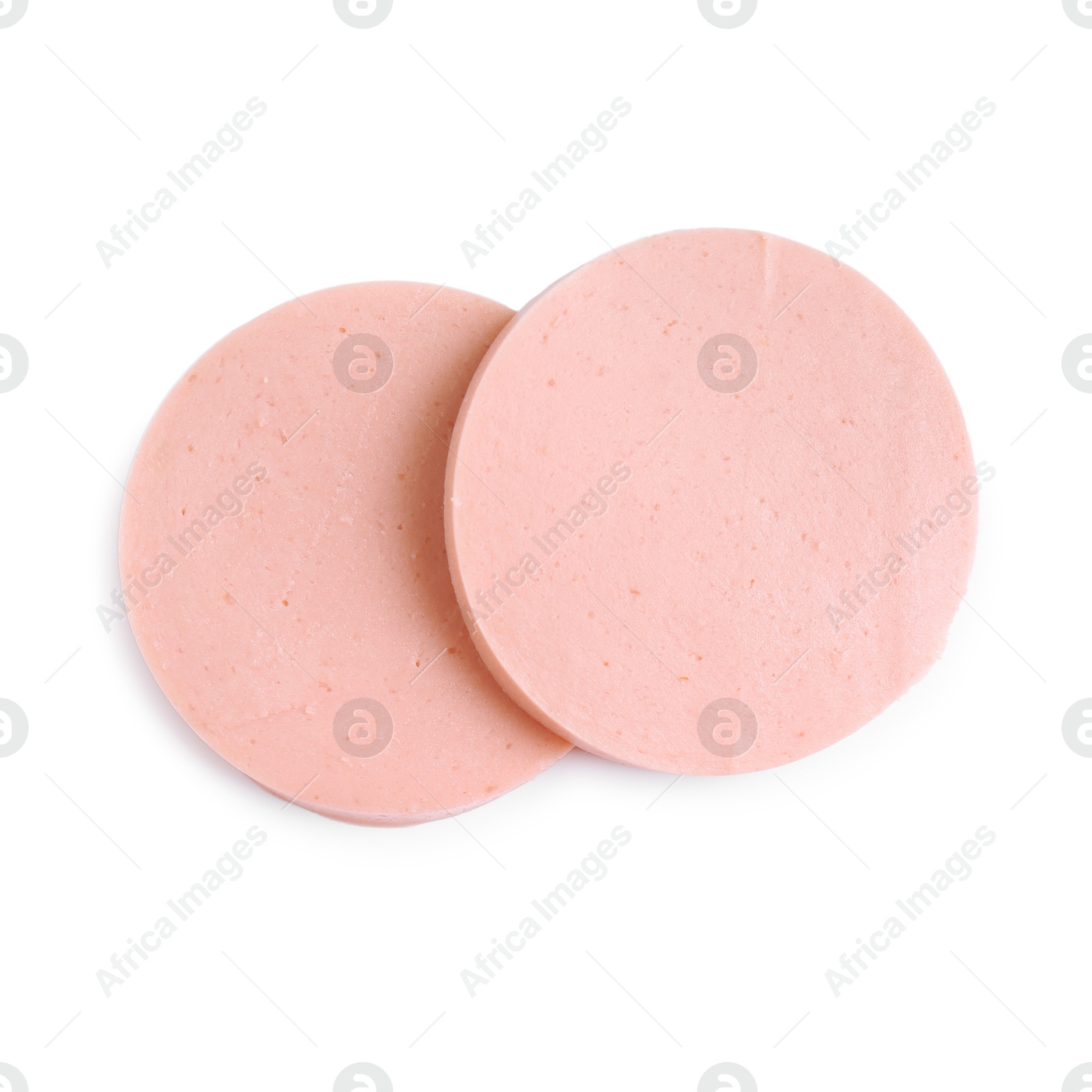 Photo of Slices of tasty boiled sausage isolated on white, top view