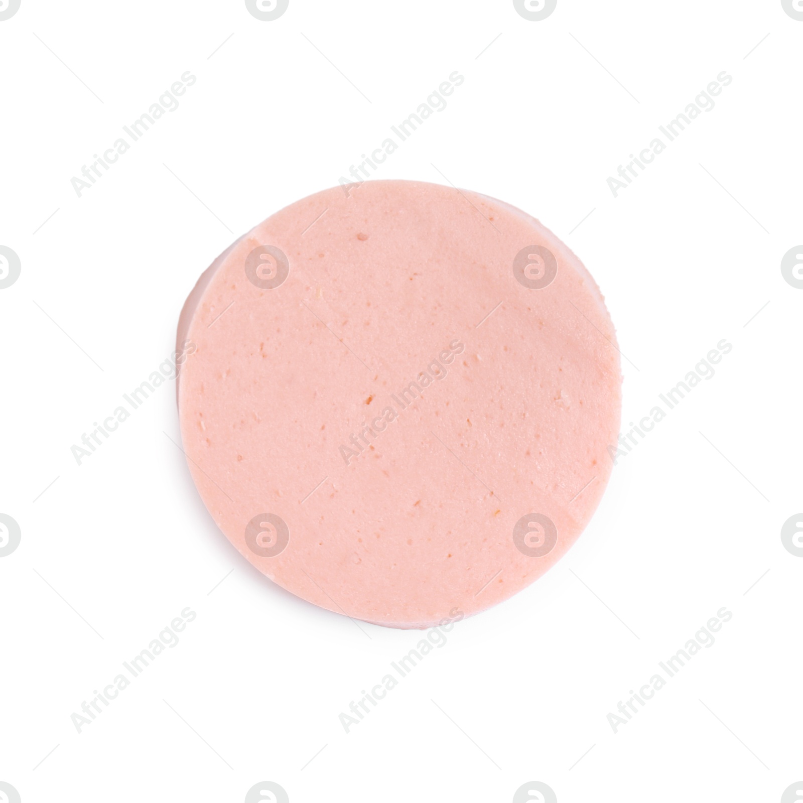 Photo of Slice of tasty boiled sausage isolated on white, top view