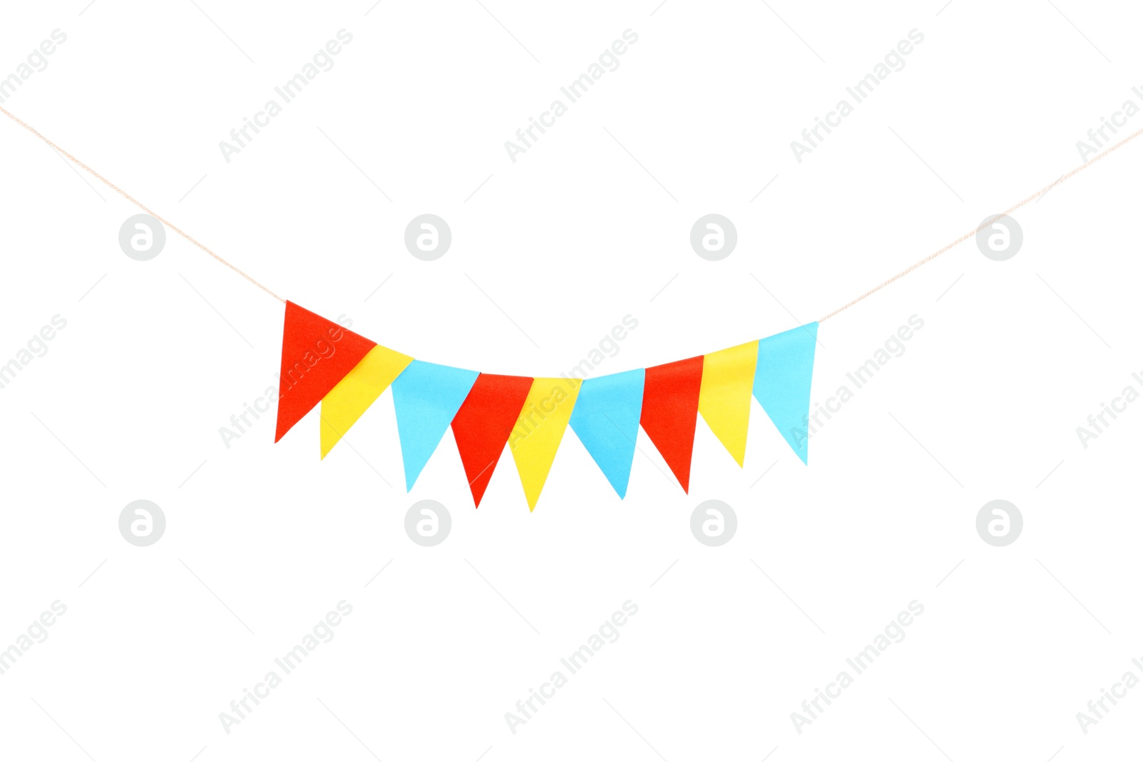 Photo of Colorful party flags isolated on white. Festive decor