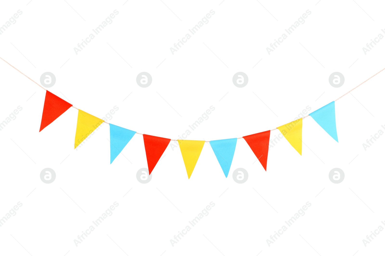 Photo of Colorful party flags isolated on white. Festive decor