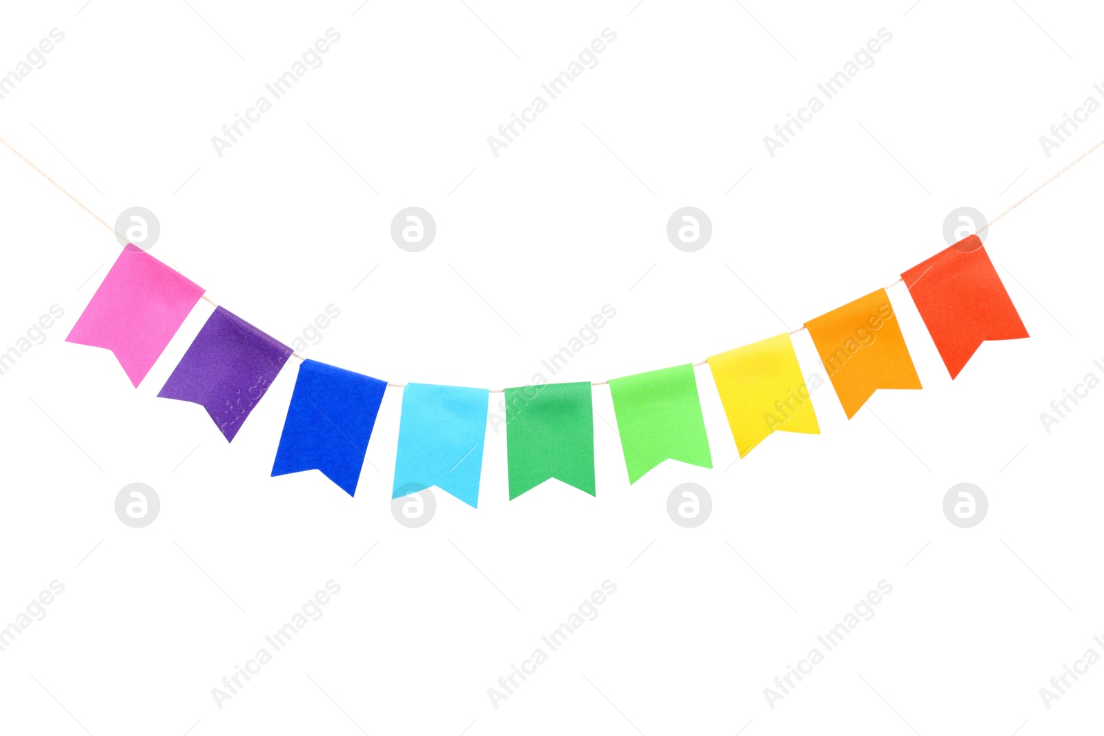 Colorful party flags isolated on white. Festive decor Photo of Colorful party flags isolated on white. Festive decor