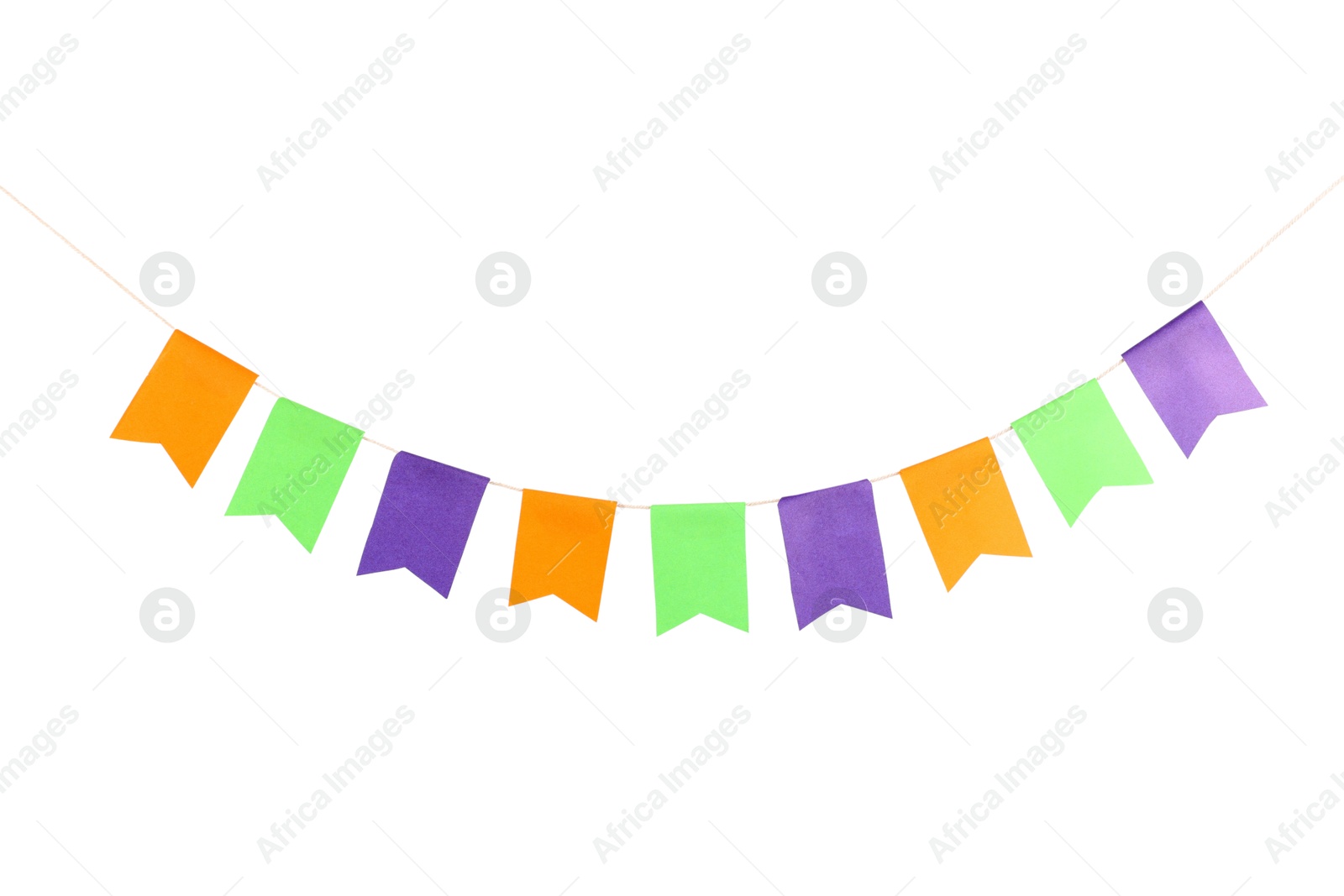 Photo of Colorful party flags isolated on white. Festive decor