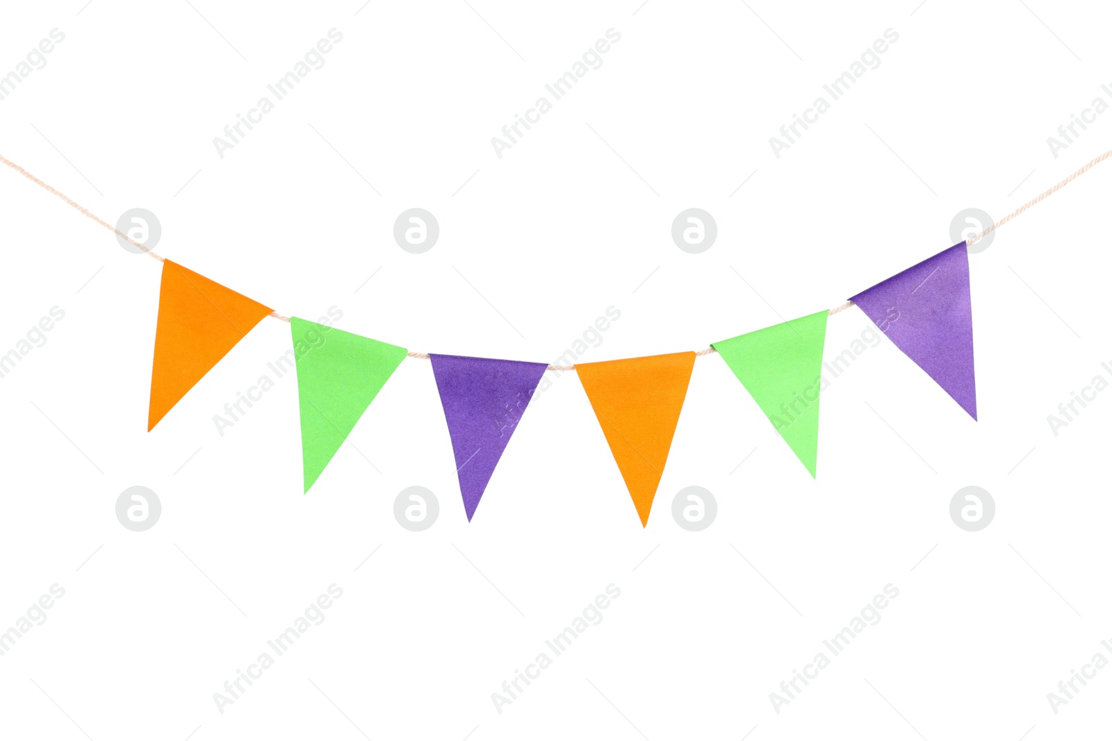 Photo of Colorful party flags isolated on white. Festive decor