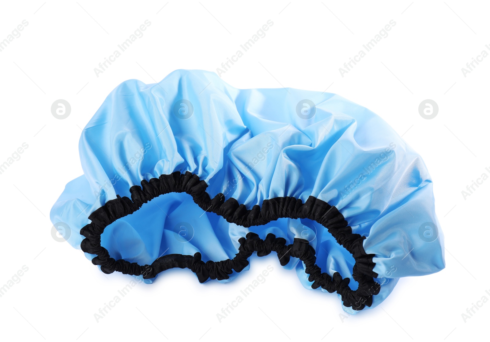 Photo of One blue shower cap isolated on white