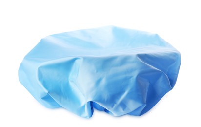 Photo of One blue shower cap isolated on white