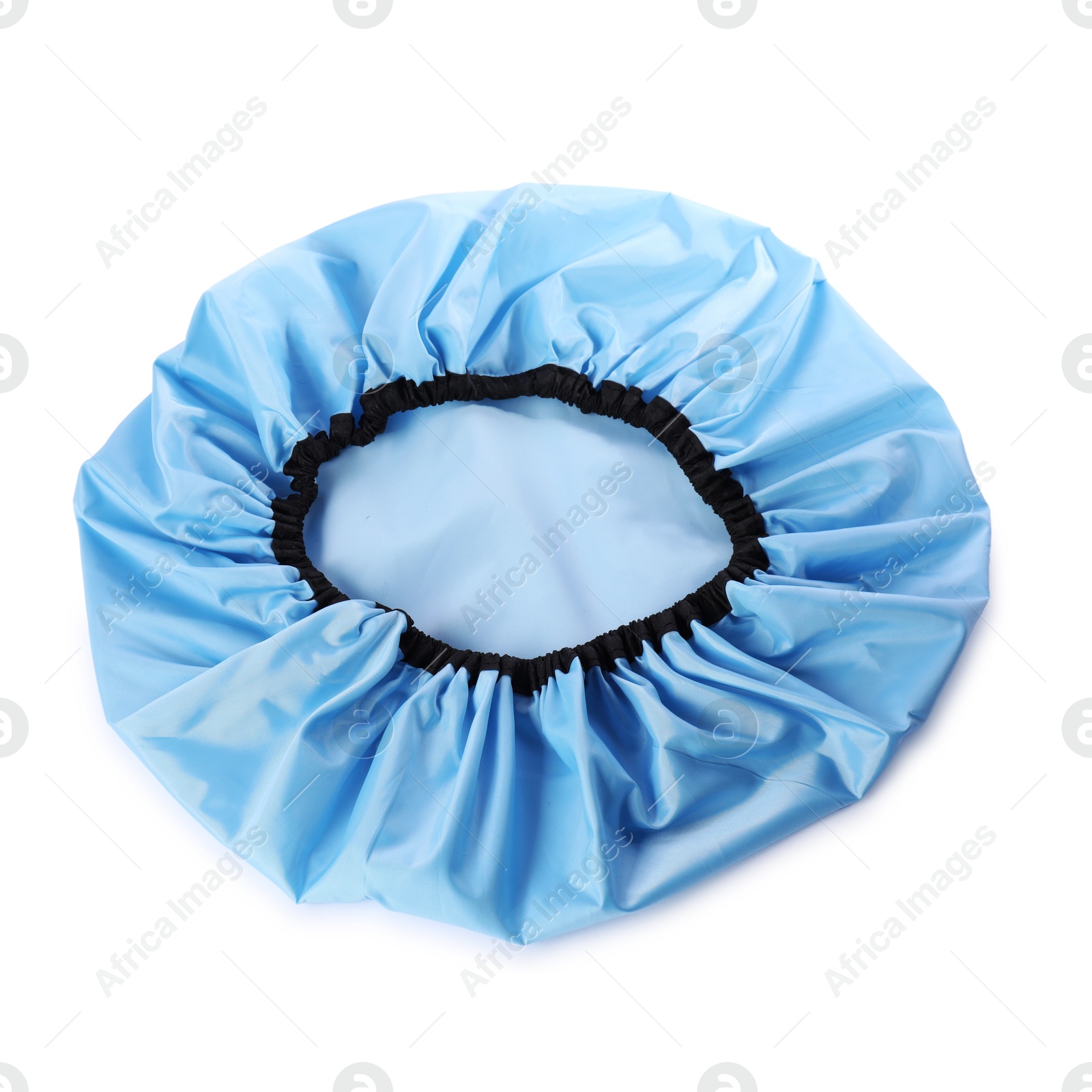 Photo of One blue shower cap isolated on white