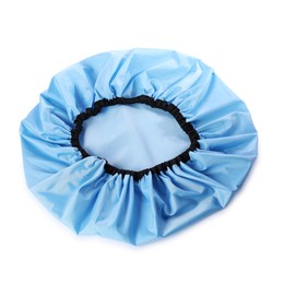 Photo of One blue shower cap isolated on white