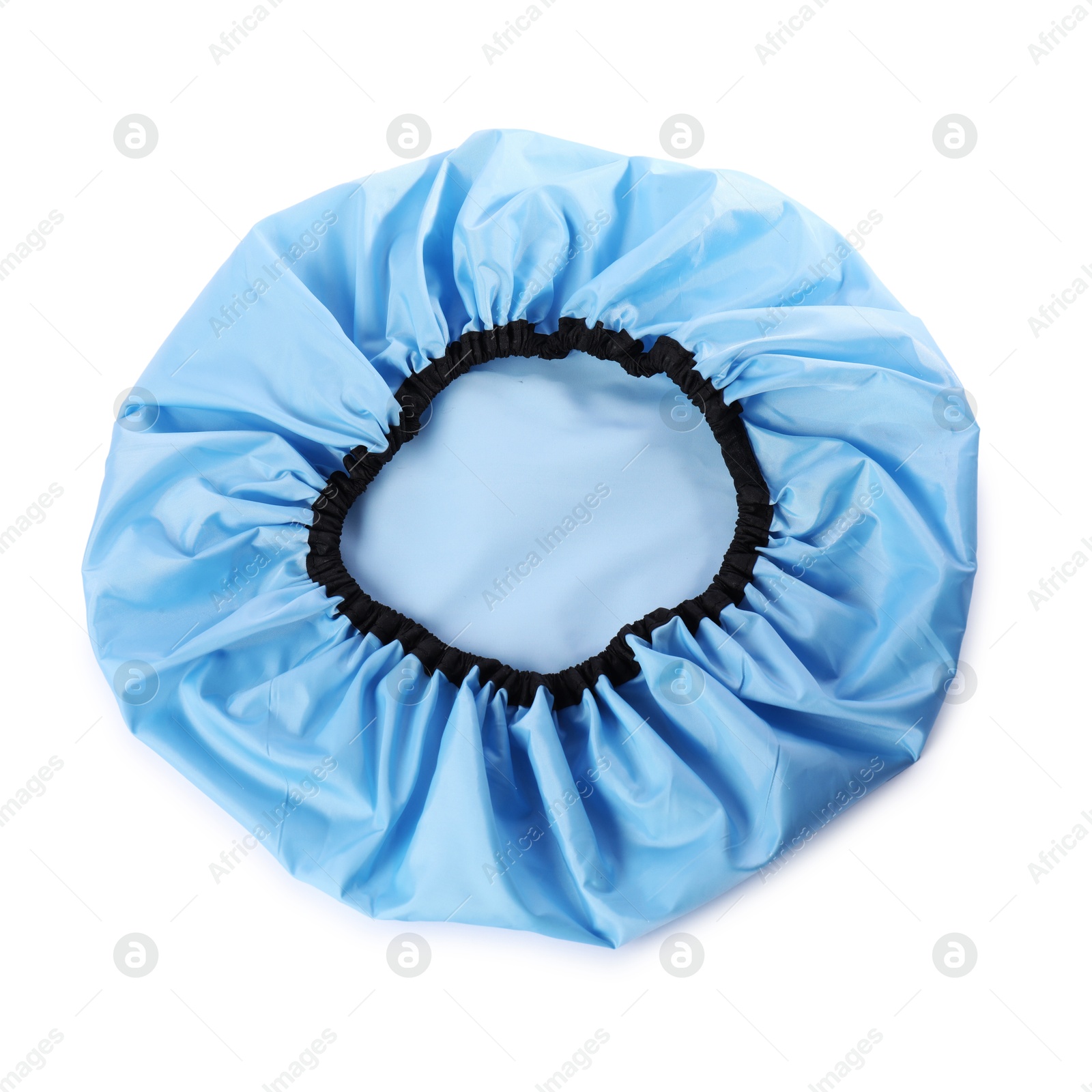 Photo of One blue shower cap isolated on white, top view