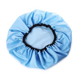 Photo of One blue shower cap isolated on white, top view