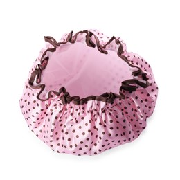 Photo of One pink shower cap isolated on white