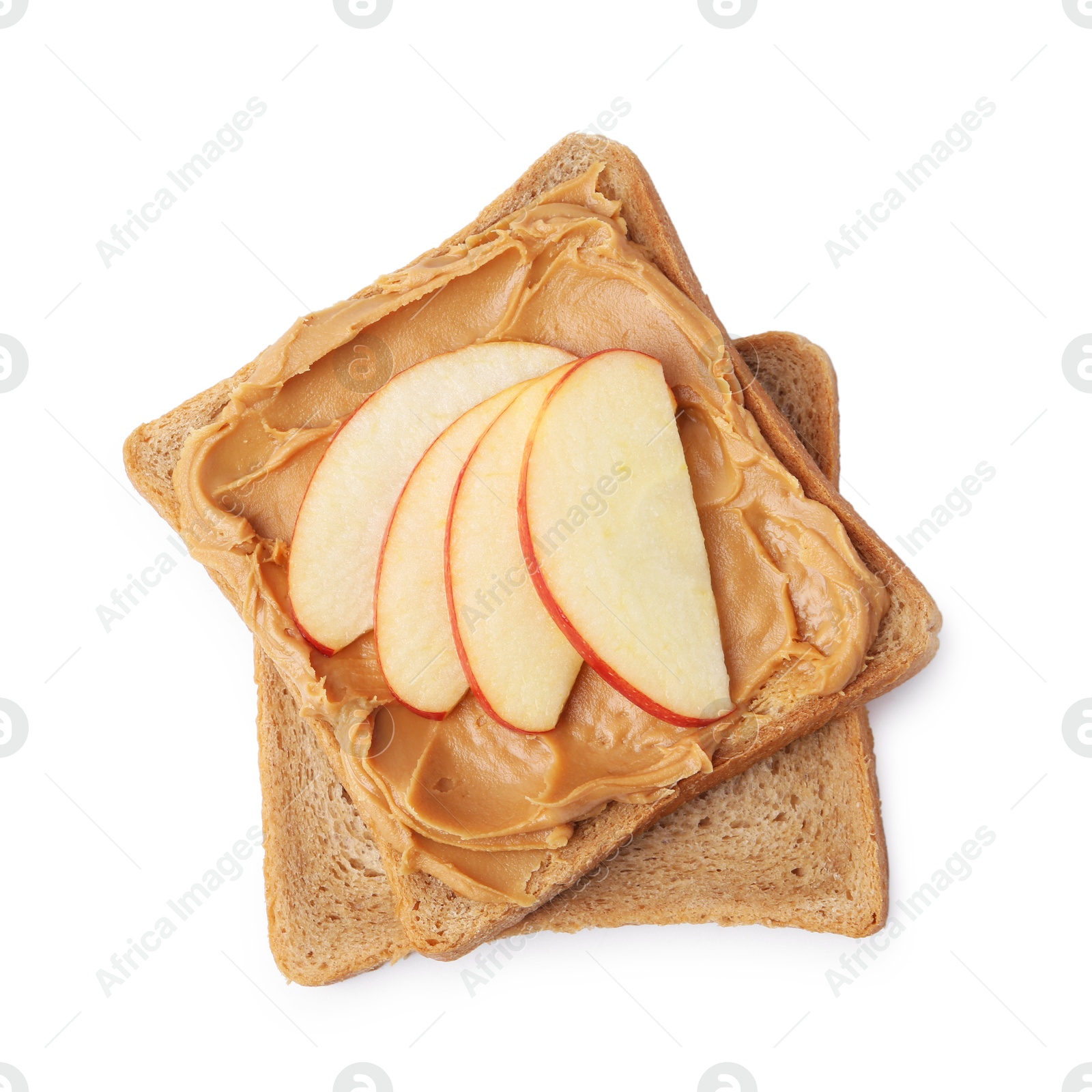 Photo of Tasty sandwich with peanut butter and apple isolated on white, top view