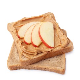 Photo of Tasty sandwich with peanut butter and apple isolated on white