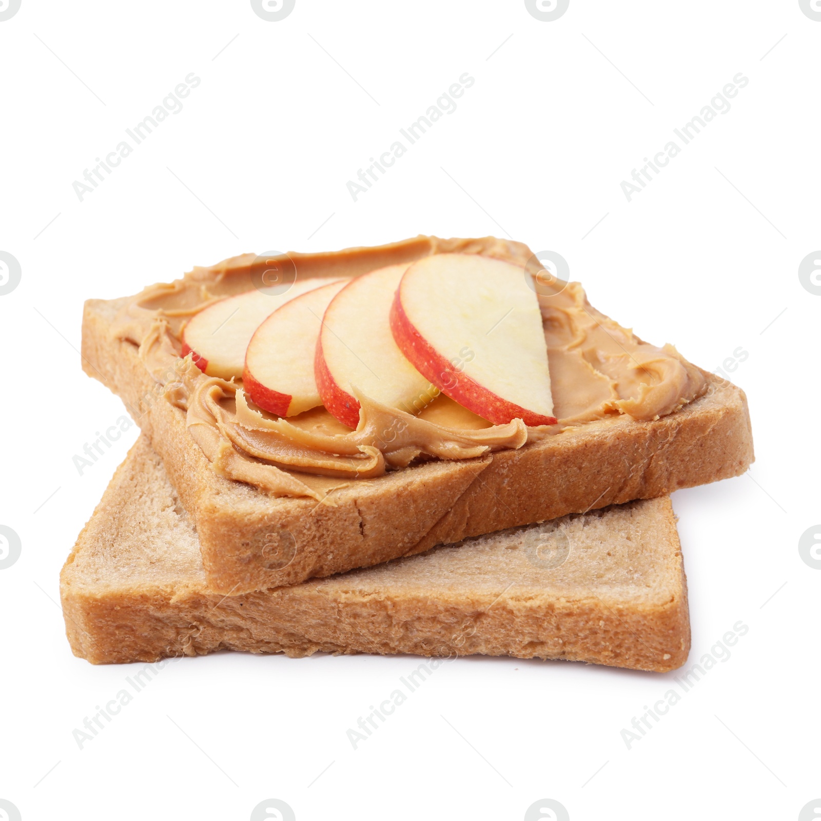 Photo of Tasty sandwich with peanut butter and apple isolated on white