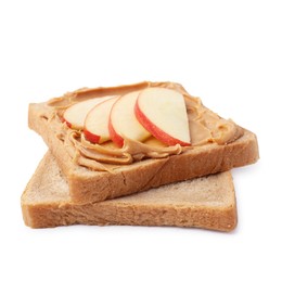 Photo of Tasty sandwich with peanut butter and apple isolated on white