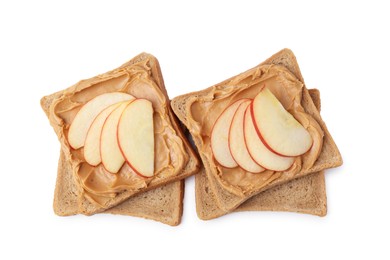 Photo of Tasty sandwiches with peanut butter and apple isolated on white, top view