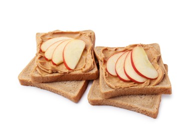 Photo of Tasty sandwiches with peanut butter and apple isolated on white