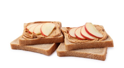 Photo of Tasty sandwiches with peanut butter and apple isolated on white