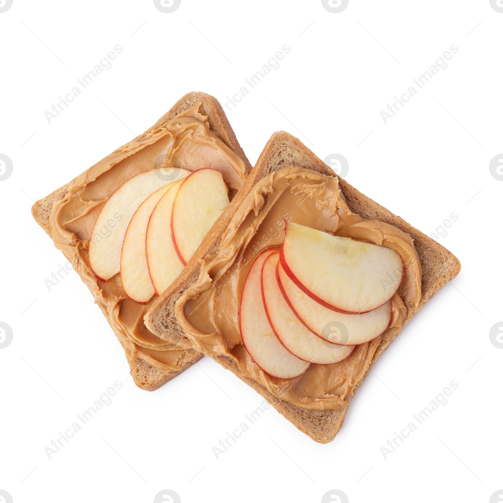 Photo of Tasty sandwiches with peanut butter and apple isolated on white, top view