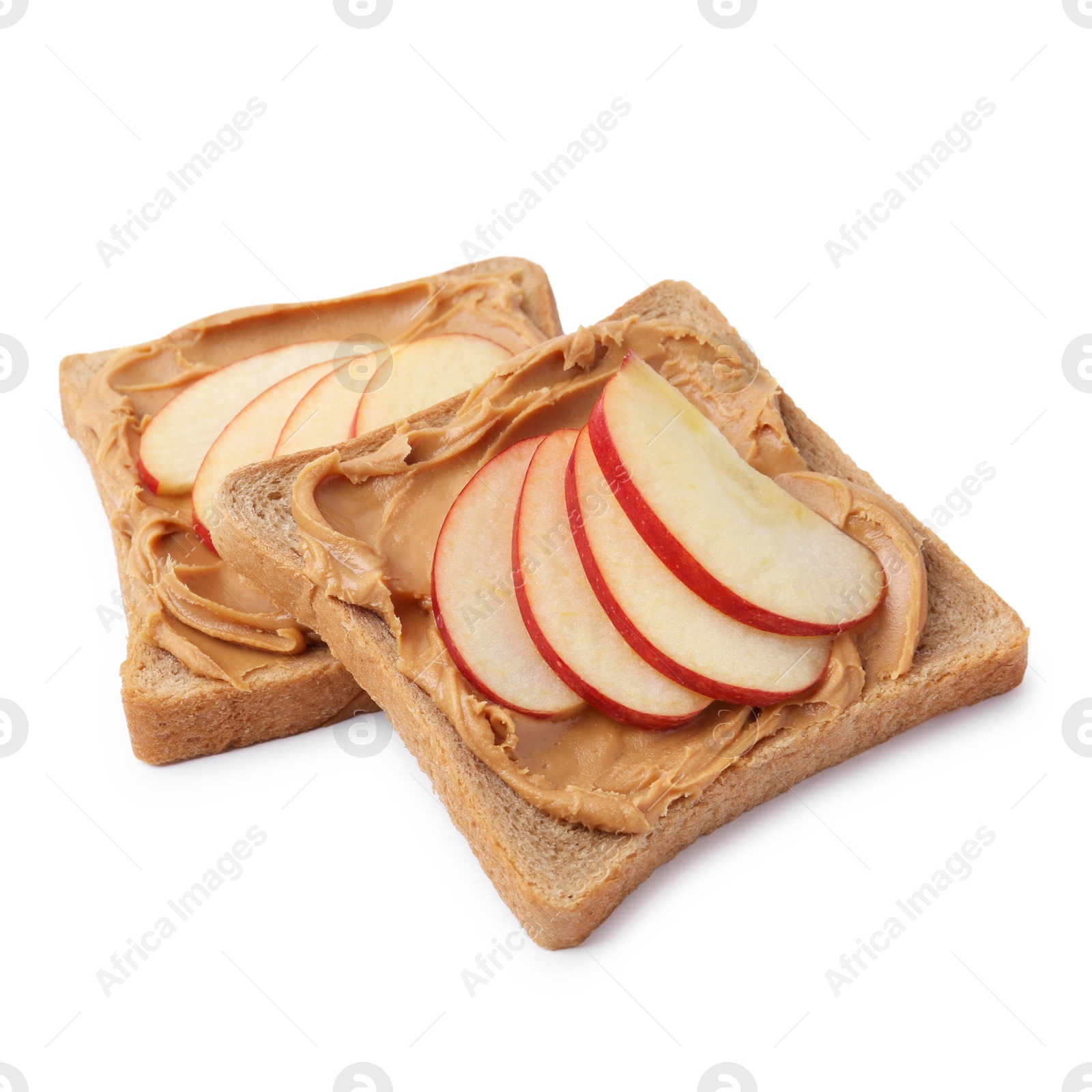 Photo of Tasty sandwiches with peanut butter and apple isolated on white