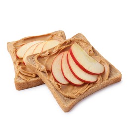 Photo of Tasty sandwiches with peanut butter and apple isolated on white