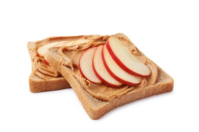 Photo of Tasty sandwiches with peanut butter and apple isolated on white