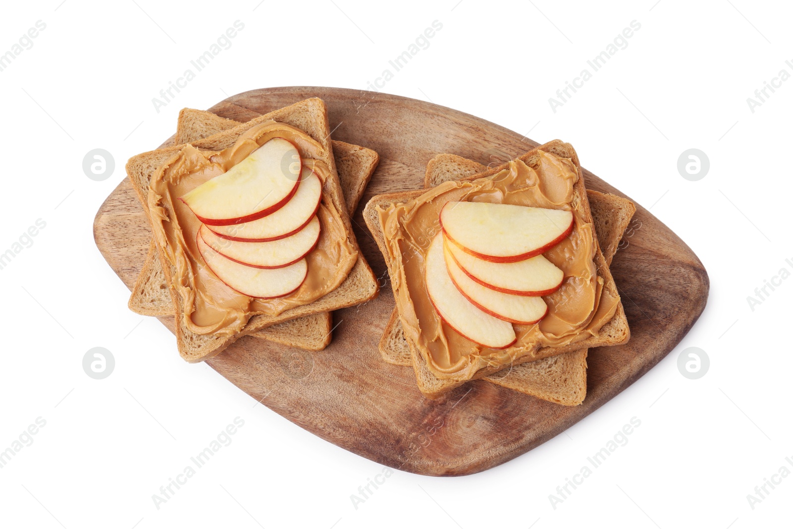 Photo of Tasty sandwiches with peanut butter and apple isolated on white, top view