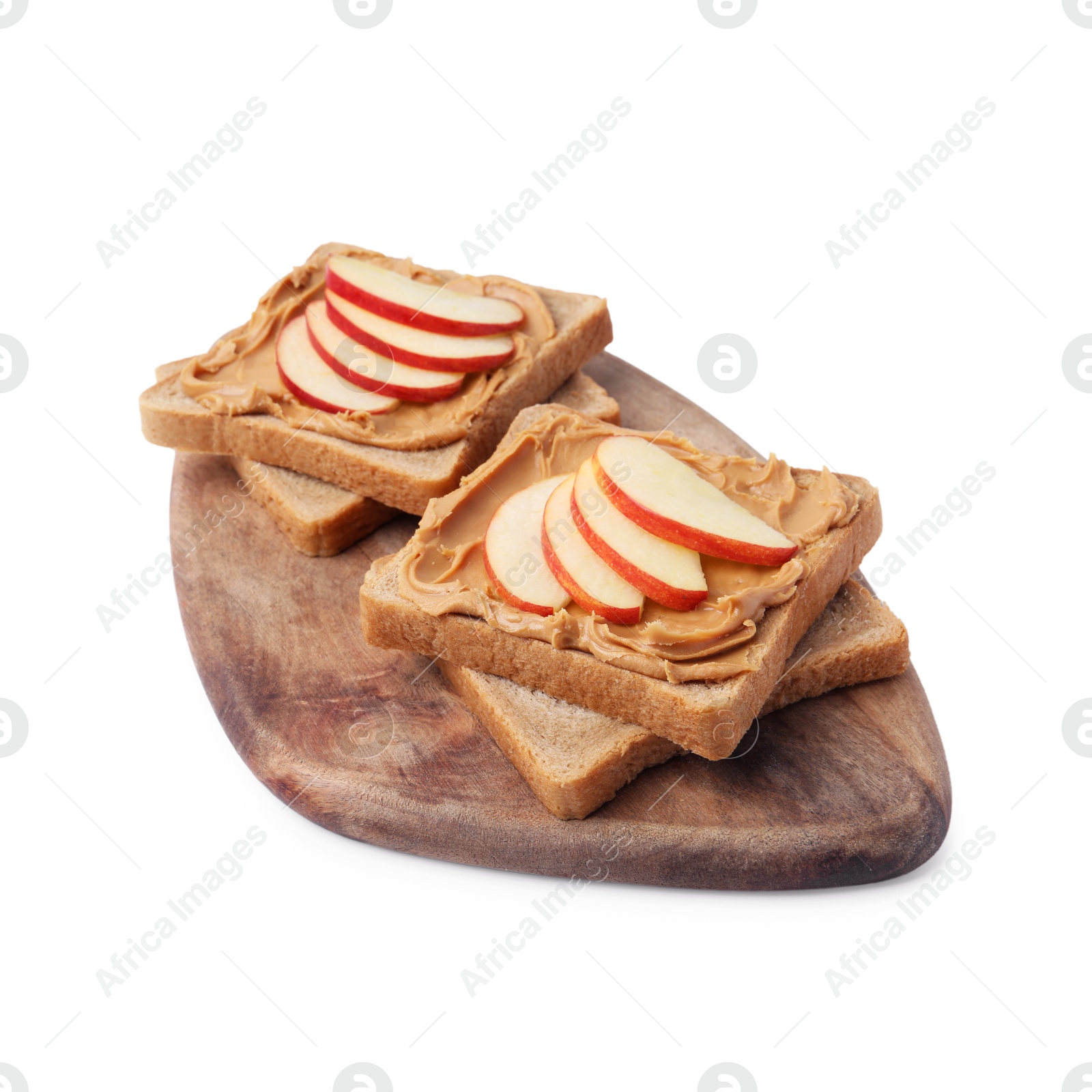 Photo of Tasty sandwiches with peanut butter and apple isolated on white