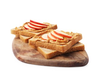 Photo of Tasty sandwiches with peanut butter and apple isolated on white