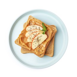 Photo of Tasty sandwich with peanut butter, apple, chia seeds and mint isolated on white, top view