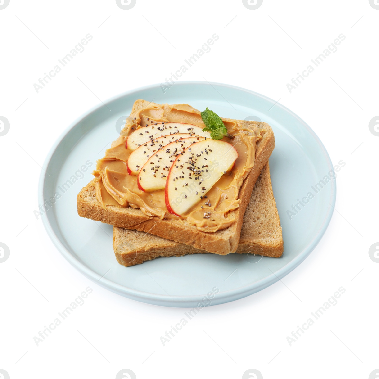 Photo of Tasty sandwich with peanut butter, apple, chia seeds and mint isolated on white