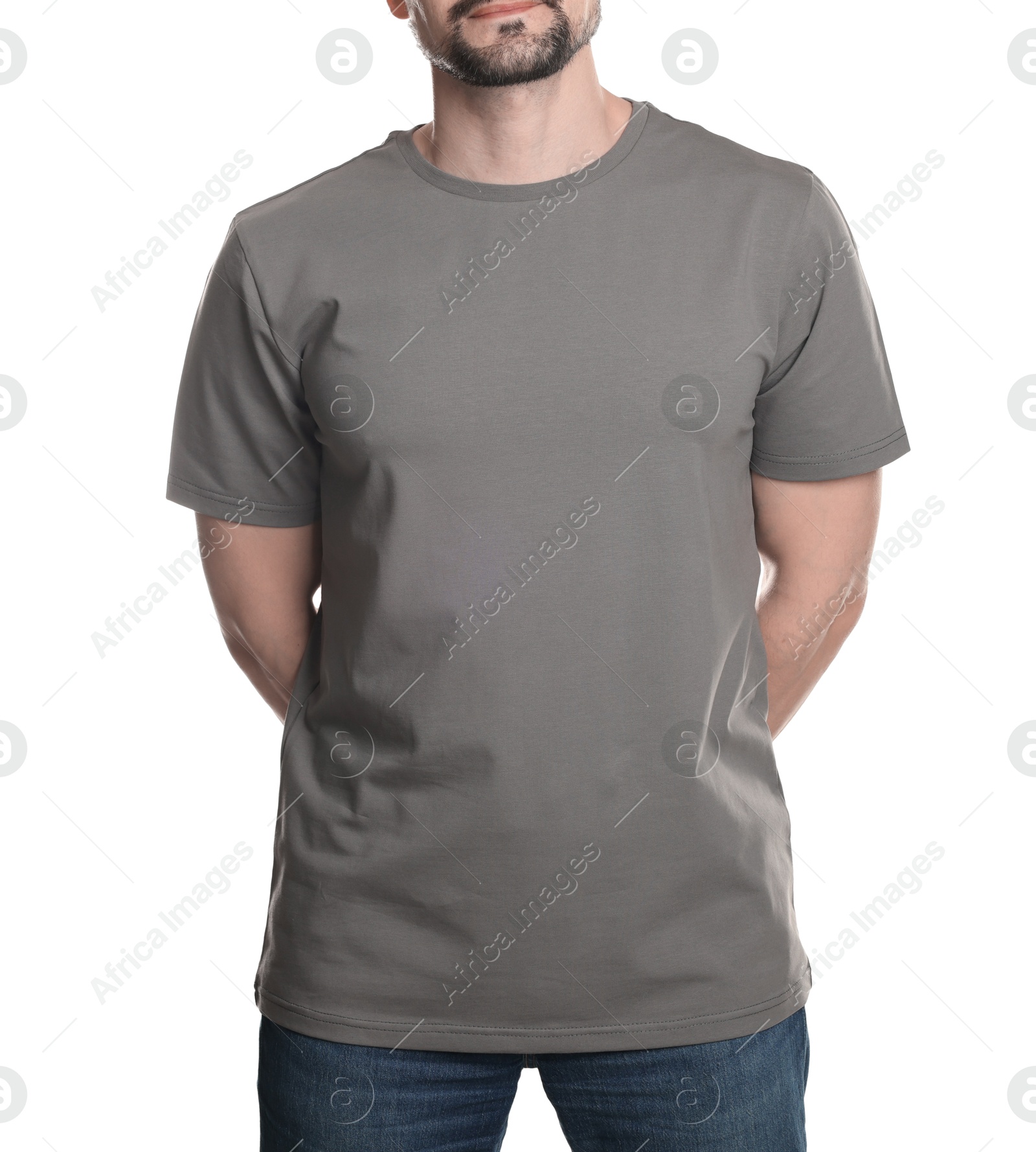 Photo of Man in blank grey t-shirt on white background, closeup. Mockup for design