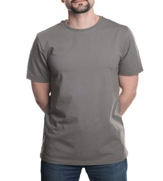 Photo of Man in blank grey t-shirt on white background, closeup. Mockup for design