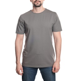 Photo of Man in blank grey t-shirt on white background, closeup. Mockup for design