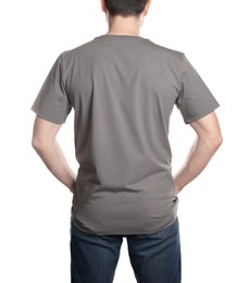 Man in blank grey t-shirt on white background, back view. Mockup for design