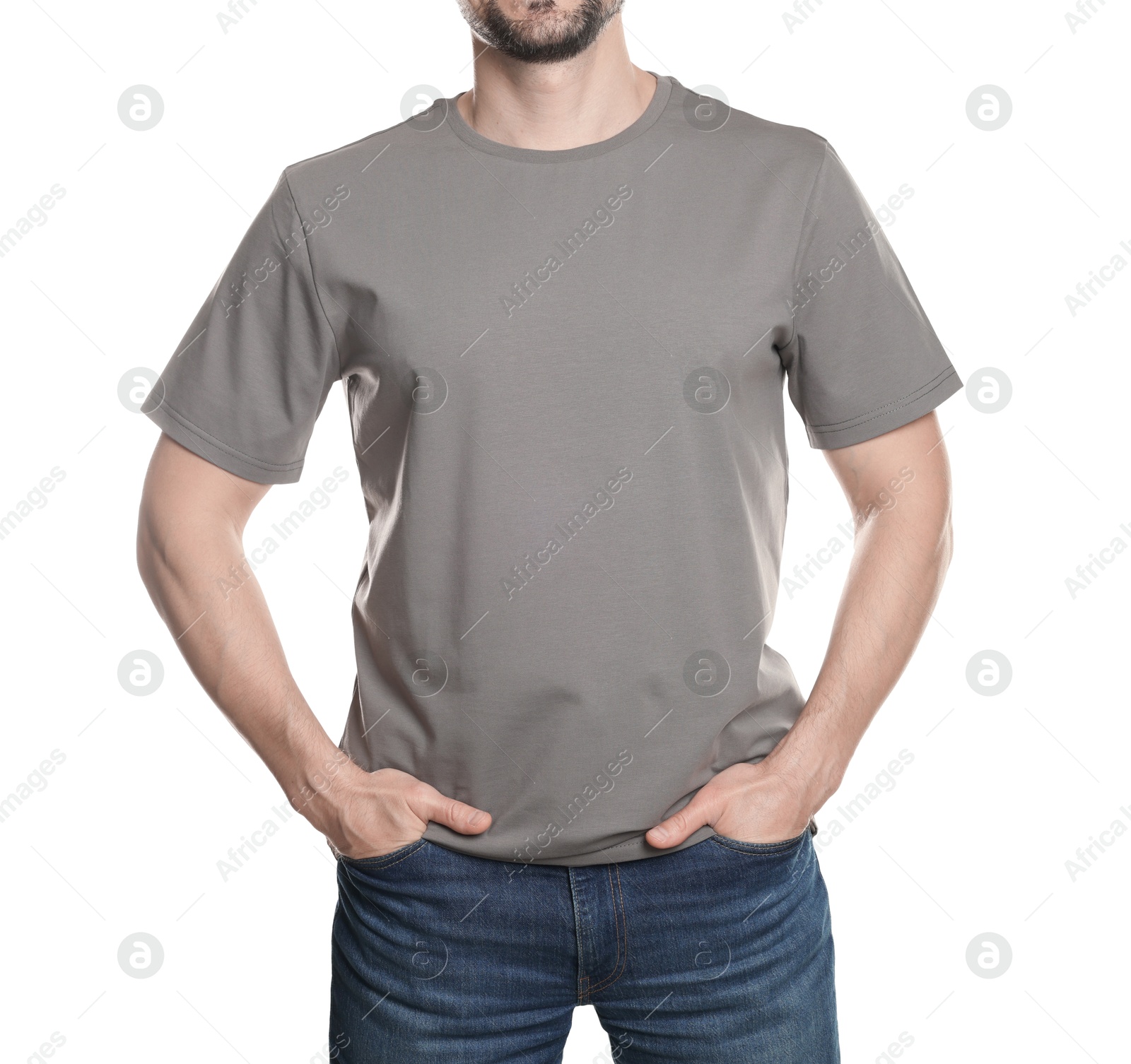 Photo of Man in blank grey t-shirt on white background, closeup. Mockup for design