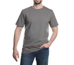 Photo of Man in blank grey t-shirt on white background, closeup. Mockup for design