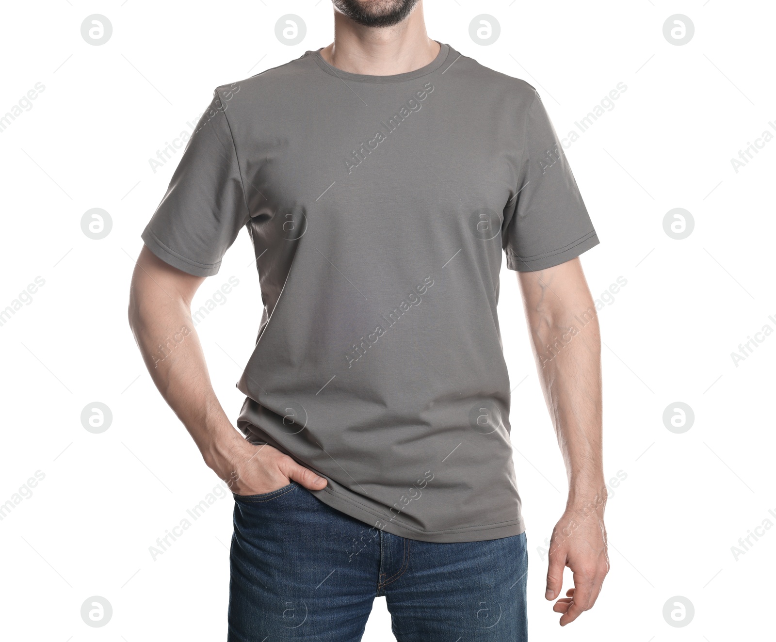 Photo of Man in blank grey t-shirt on white background, closeup. Mockup for design