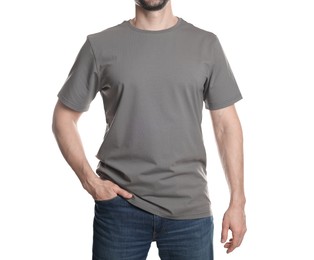 Photo of Man in blank grey t-shirt on white background, closeup. Mockup for design