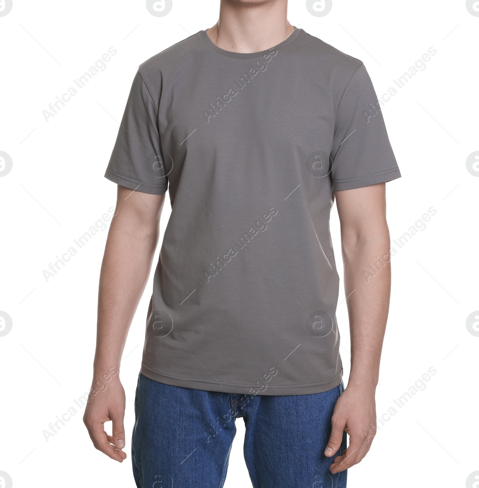 Photo of Man in stylish t-shirt on white background, closeup. Mockup for design