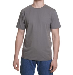 Photo of Man in stylish t-shirt on white background, closeup. Mockup for design