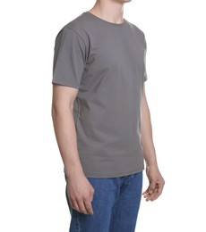 Photo of Man in stylish t-shirt on white background, closeup. Mockup for design