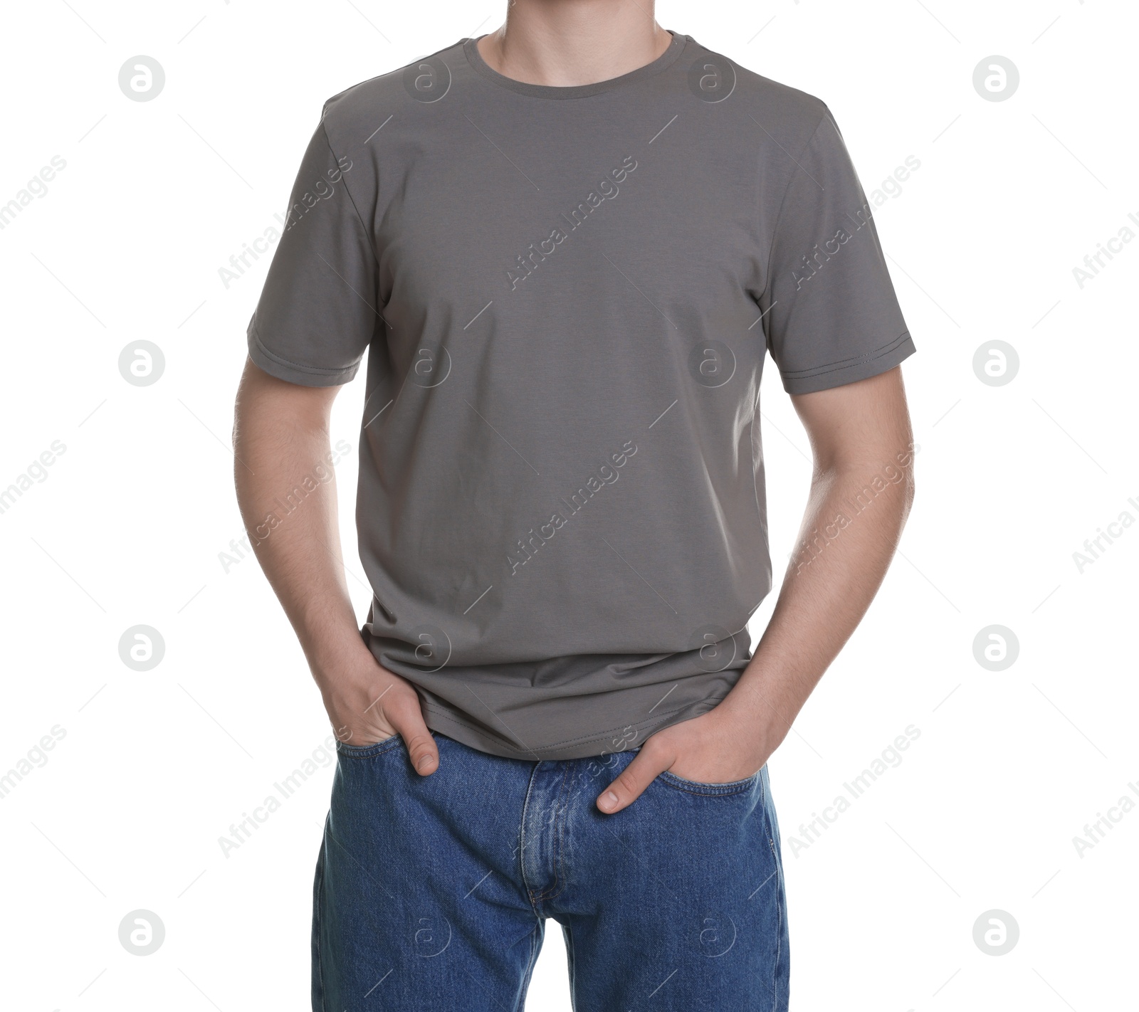 Photo of Man in stylish t-shirt on white background, closeup. Mockup for design